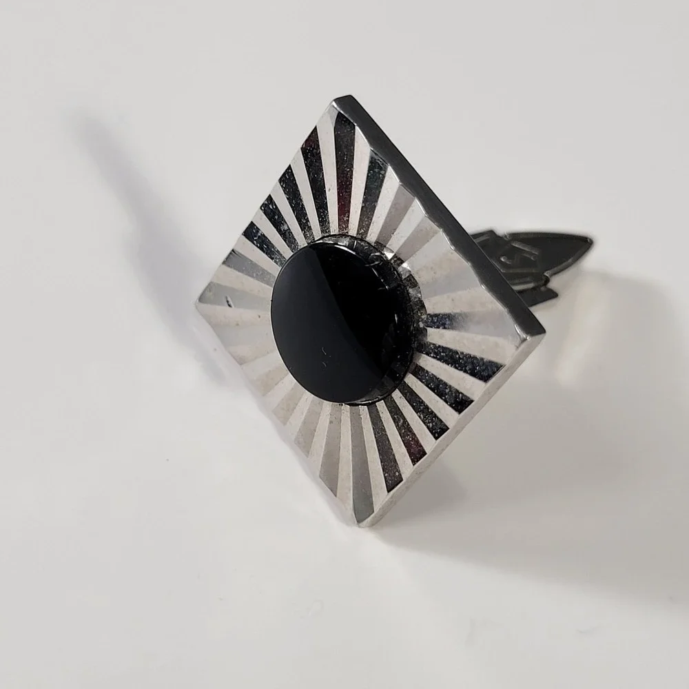 Vintage Swank Cufflinks Mens Silver Tone Black Stone Sunburst Square Design